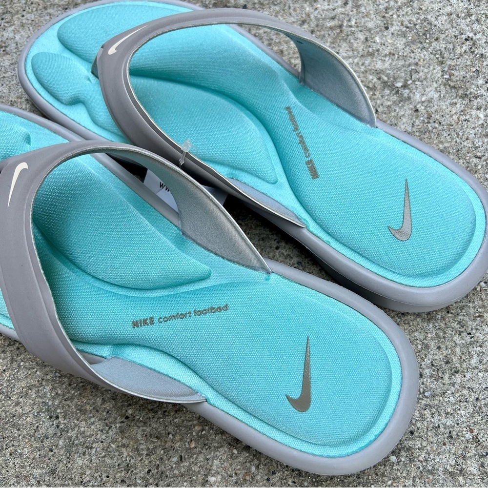 WMNS NIKE ULTRA COMFORT THONG SANDAL GRAY GREY HOT MINT TEAL FOOTBEDS FLIP FLOPS - Picture 5 of 6